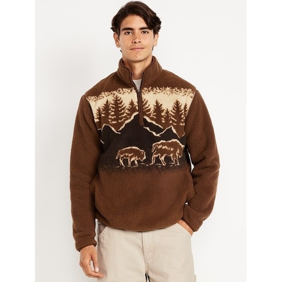 Old Navy Other - Old Navy Buffalo Printed Sherpa Quarter Zip Pullover Jacket Brown Size Large